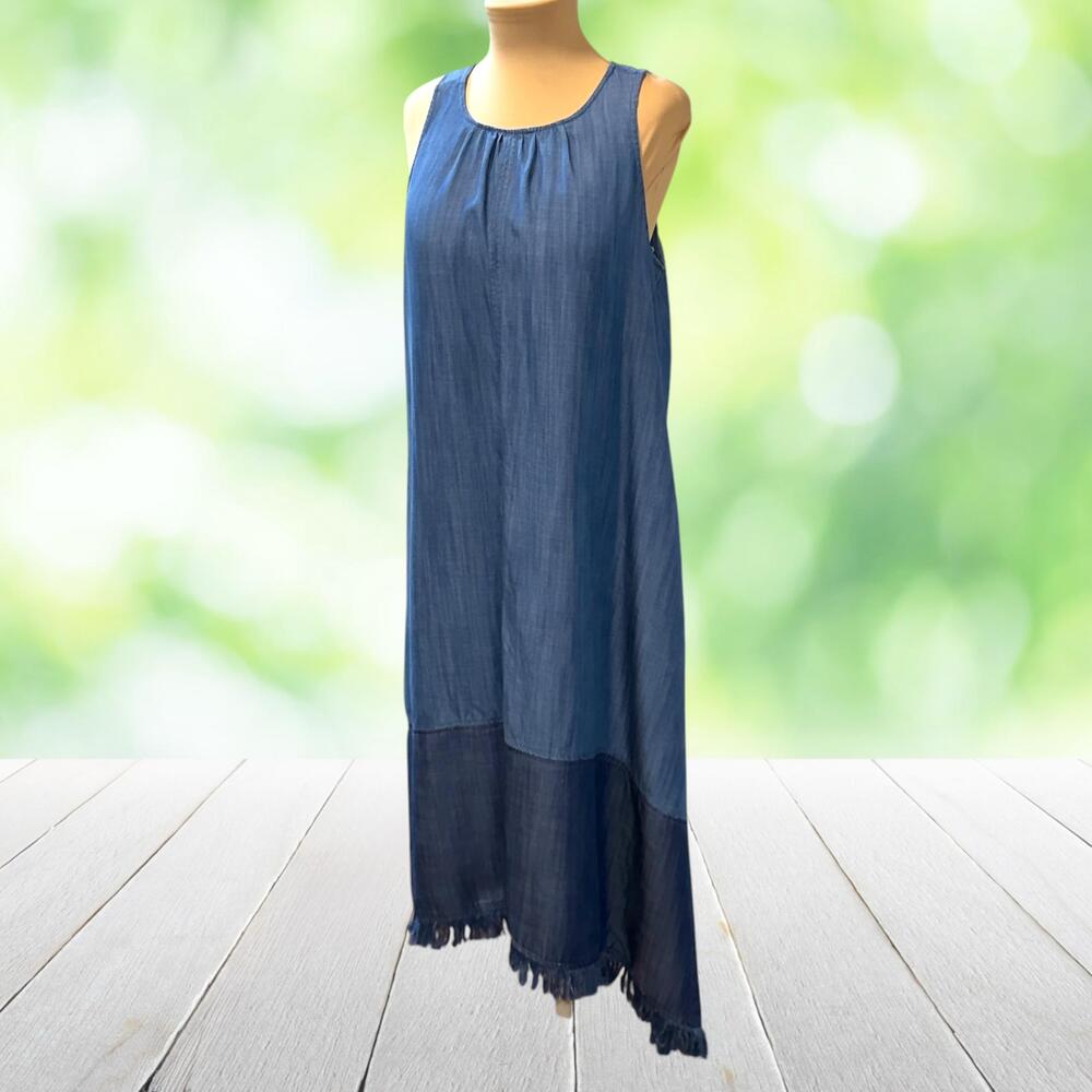 Chambray Maxi Dress High Low Fringe Hem 100% Lyocell Pockets Blue Tonal Size XL